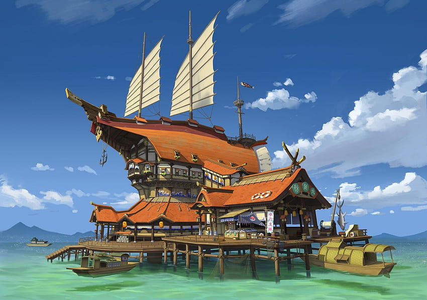 : drawing, house, boat, water, pier, banner, fish hooks, sky, clouds 1920x1351 HD wallpaper