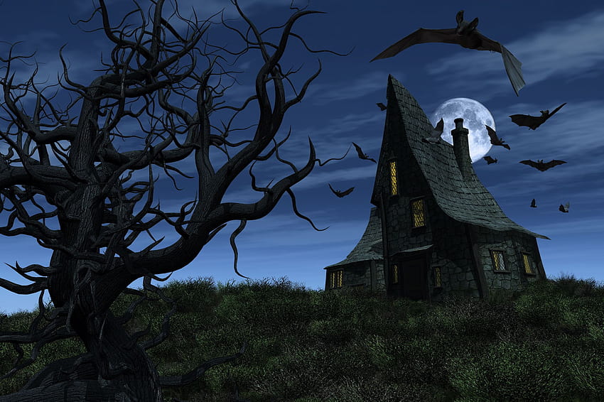 Halloween, scary, haunted house, Bats, full moon, spooky tree, halloween spooky HD wallpaper