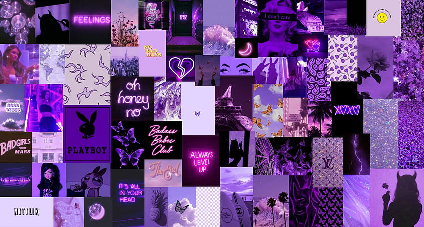 Neon Purple Boujee Aesthetic Wall Collage Kit Cyfrowy, estetyczny fioletowy kolaż Baddie Tapeta HD