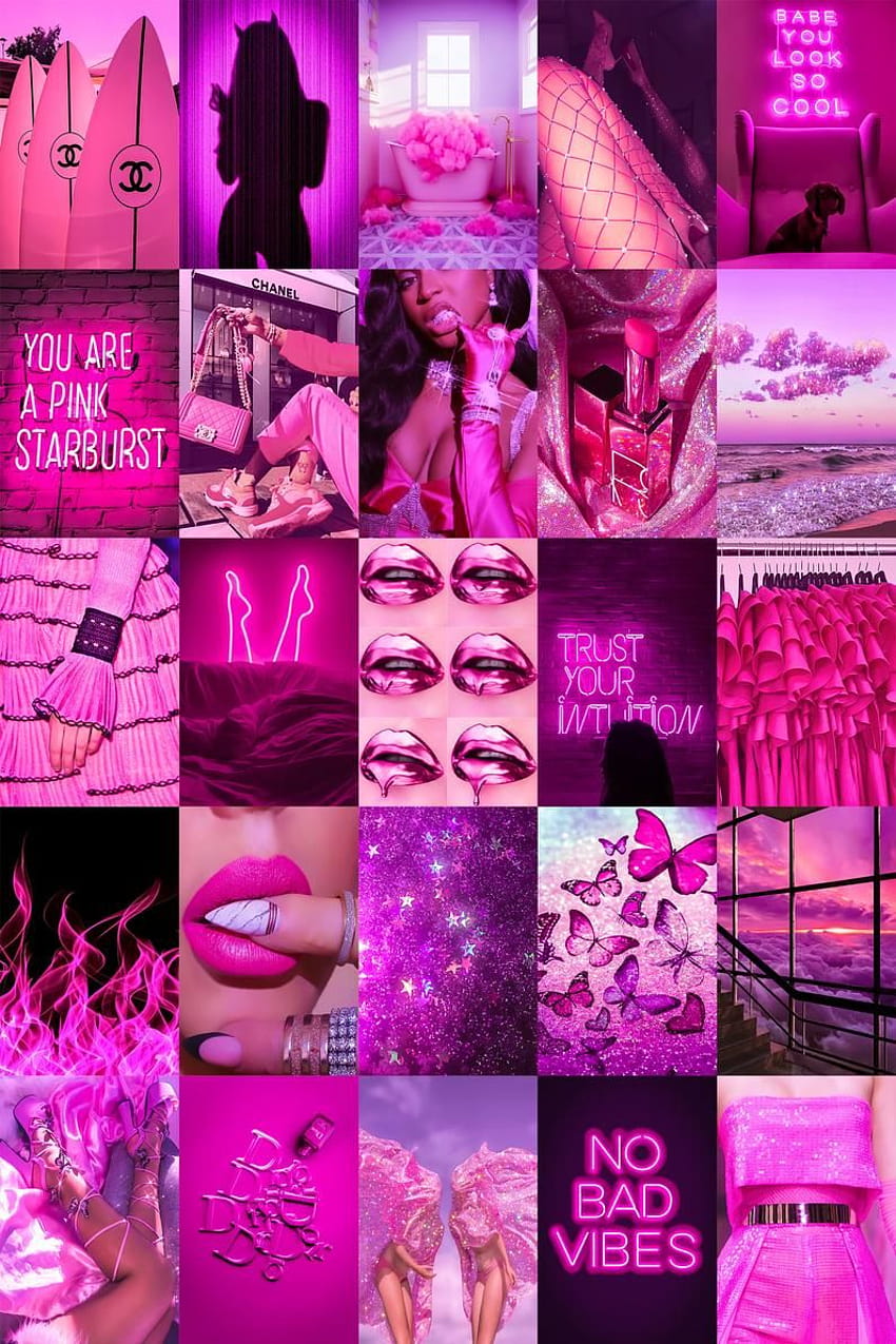 PRINTED Boujee Pink Neon Collage Kit Hot Pink Aesthetic, pink collage ...