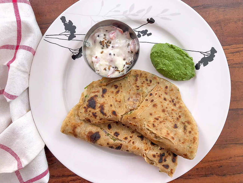 Breakfast Meal Plate: Aloo Paratha, Tomato Onion Tadka Raita And Lehsuni Pudina Chutney by Archana's Kitchen HD wallpaper