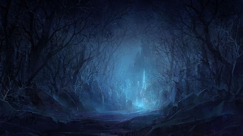 Noche, bosque, castillo, noche en el bosque. fondo de pantalla