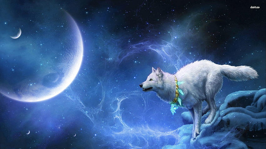 white wolf sitting in front of a full moon 22905119 Stock Photo at Vecteezy