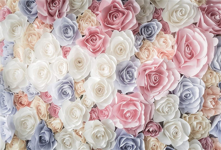 Amazon: Laeacco kwiatowy ślub tło graficzne elegancka róża papierowe kwiaty 10x7 stóp biały różowy szary blady żółty na wieczór panieński panna młoda zbliżenie strzelać baner rekwizyty studyjne: kamera i Tapeta HD