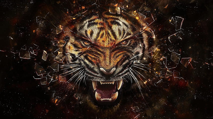 1920x1080 tiger, glass, shards, aggression, teeth, glass animals HD wallpaper
