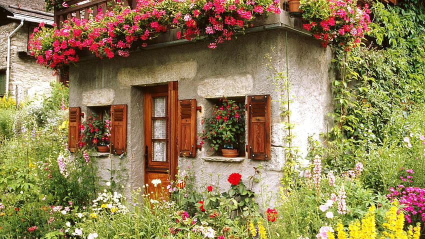 Group of High Resolution Garden Home, flower garden with cottage HD wallpaper