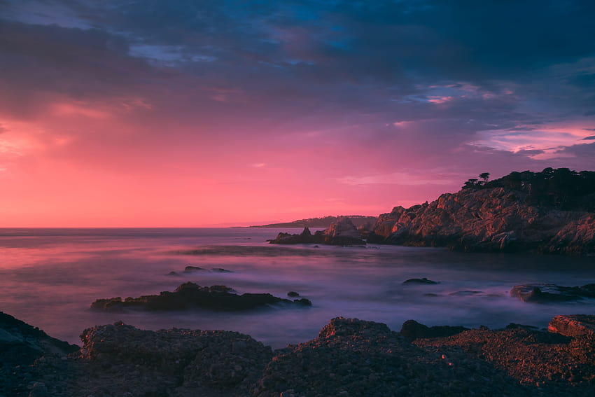 Син и розов океански залез над Point Lobosimwaytoobusy, залез над калифорнийското крайбрежие HD тапет