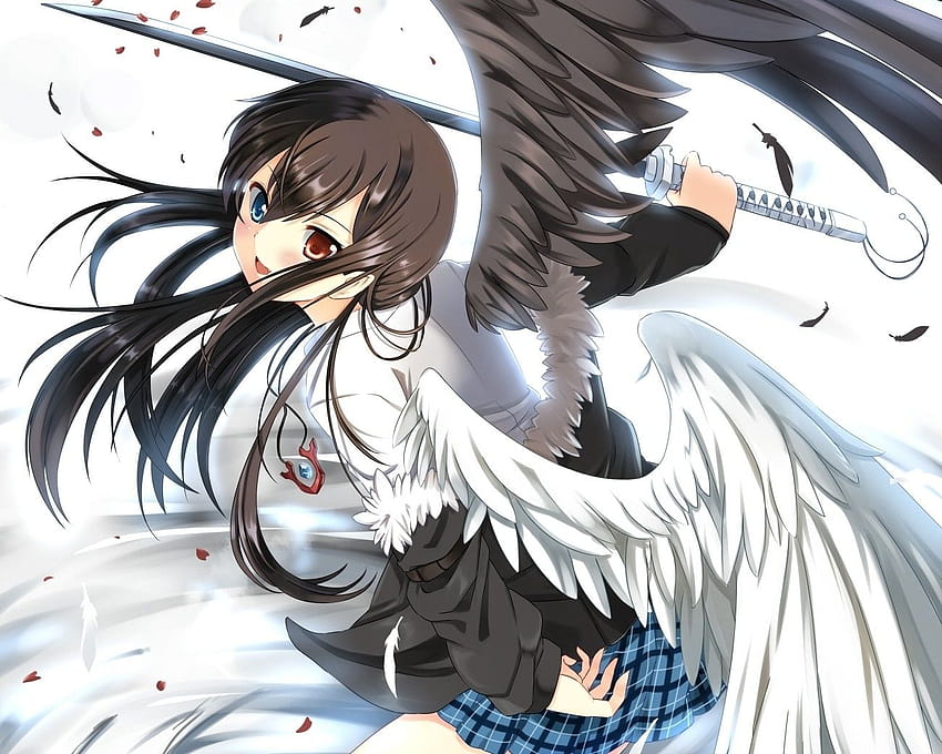 wings weapons feathers fantasy art heterochromia seifuku anime girls black hair 1300x1040 wallpap High Quality ,High Definition, anime girl black hair HD wallpaper