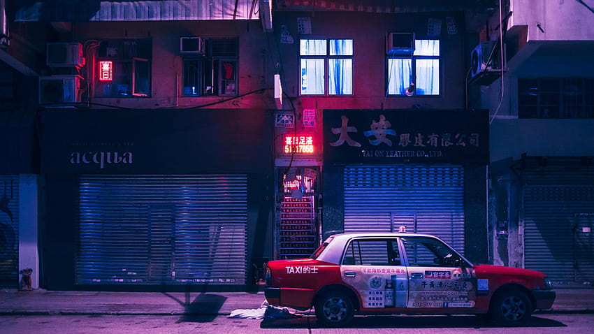 бял и червен седан, Коулун, Хонконг, Китай, парна вълна, неонови светлини • За вас за и мобилни устройства HD тапет