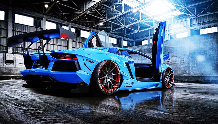 Aventador beam Blue cars doors Lamborghini liberty LP720, lamborghini race car HD wallpaper