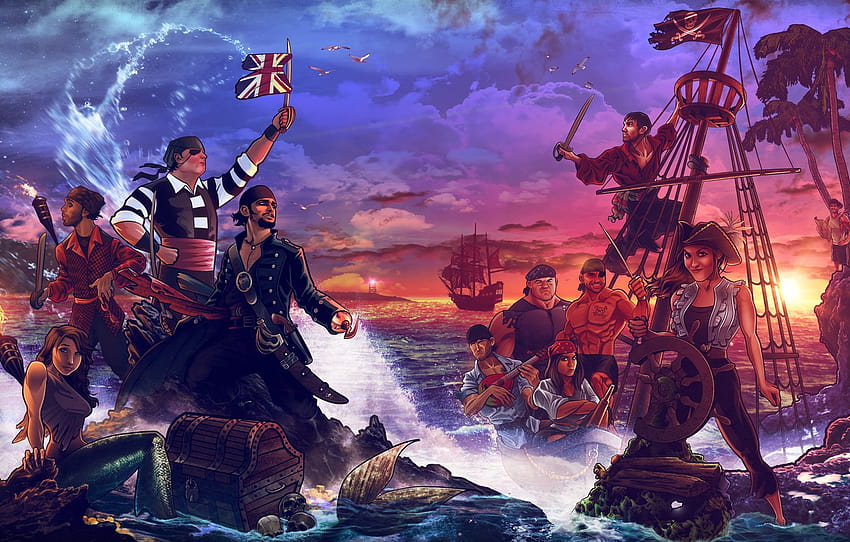 sea, shore, ship, island, mermaid, pirates, chest, treasures , section разное, pirate treasure HD wallpaper