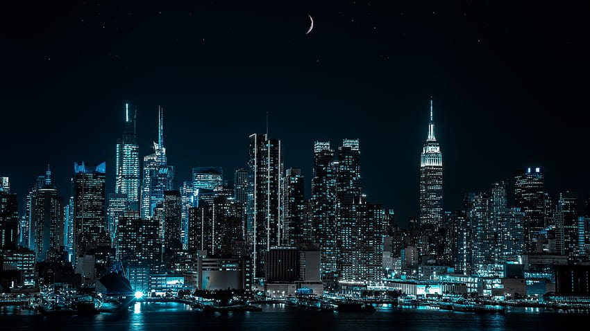 New York City, Paesaggio urbano, Notte, Luci della città, Mezzaluna, Mondo, nyc Sfondo HD
