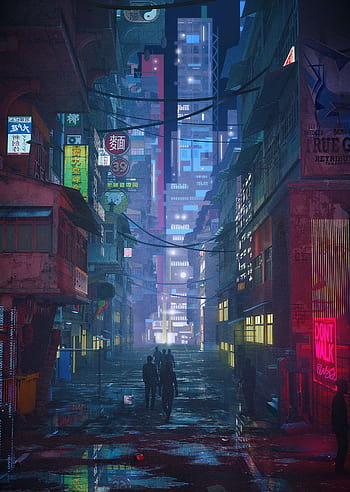 Không thể bỏ qua bức hình Anime street background này với cảnh phố đông đúc và những mảng màu ấn tượng, bắt mắt.