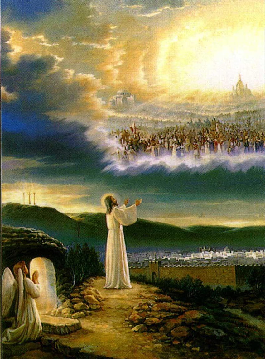 Исус пред райската порта Опаковано платно, спускащи се порти HD тапет за телефон