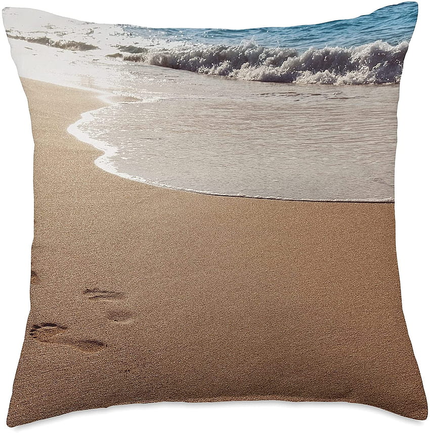 Summer Sand Beach Ocean in Water and Footprints Throw Pillow, 16x16 ...