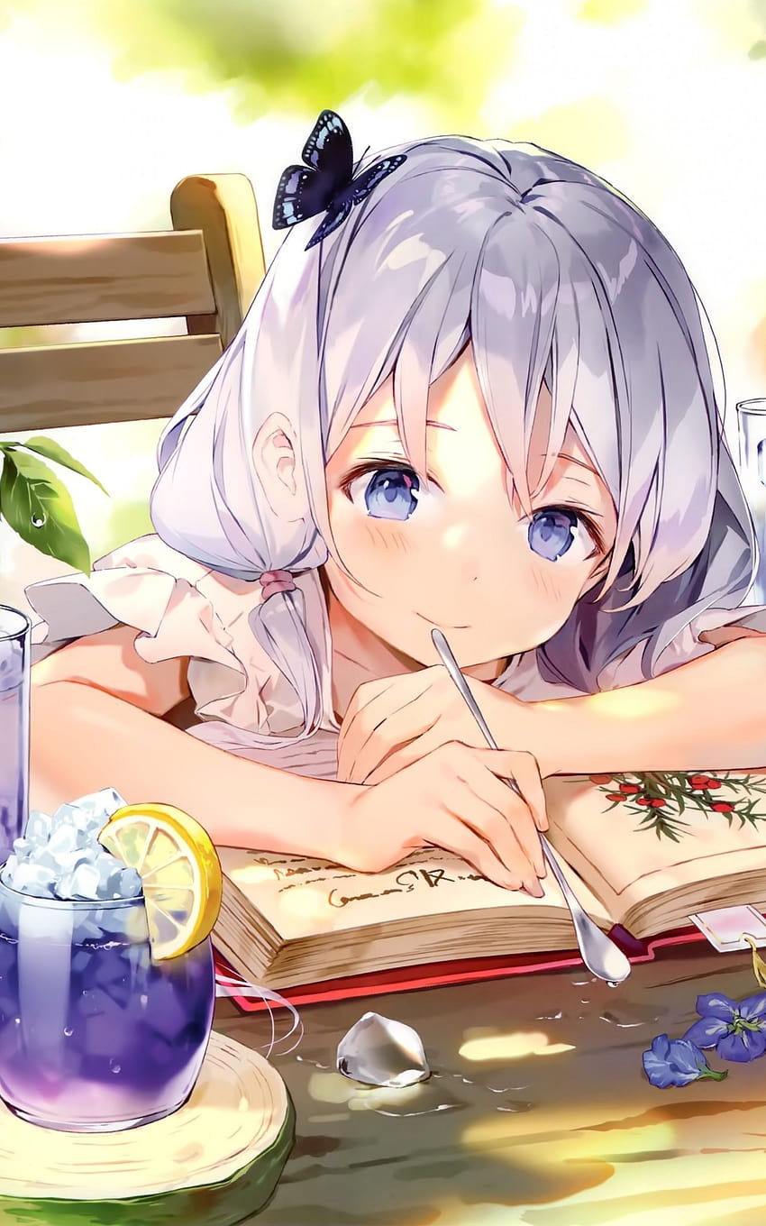 1600x2560 Anime Girl, Loli, Lazy, Resting, Spoon, Book, Google Nexus 10용 회색 머리, 게으른 애니메이션 HD 전화 배경 화면