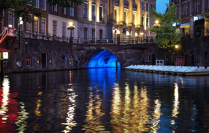 Home, The evening, Bridge, Street, Channel, Lights, Building, Netherlands, Bridge, Evening, Netherlands, Utrecht, Canal, Utrecht , section город HD wallpaper