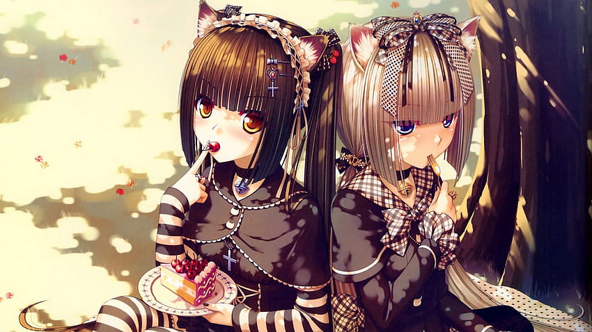 Nekomimi Gothic Tierohren Anime Gothic Kleid Sayori Neko Works Anime Mädchen gestreifte Kleidung Kuchen Chocolat, Neko Mädchen HD-Hintergrundbild