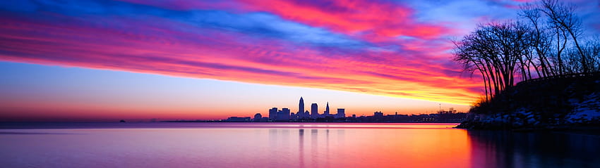 3840x1080 United States, Cleveland, Ohio, Sunset, Clouds HD wallpaper