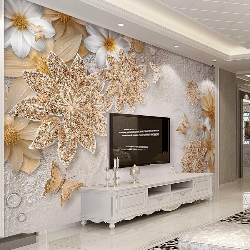寝室のリビングルームのための家の壁画オンラインで販売されている豪華な金の花の蝶、豪華な部屋 HD電話の壁紙