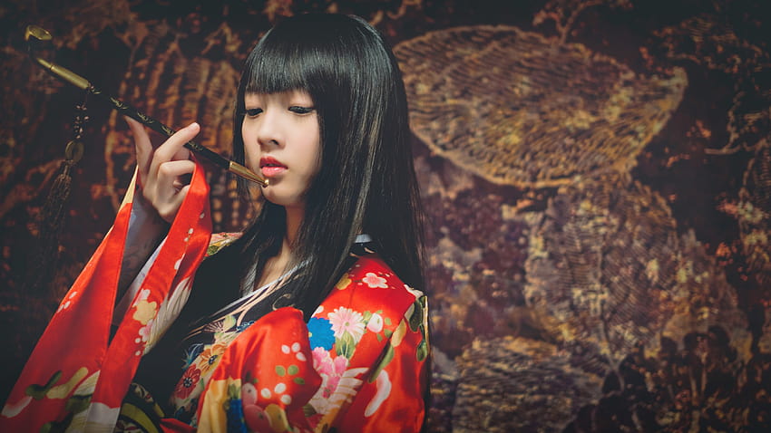 3840x2160 일본인 여성, Kimono, Black Hair, Pink Lipstick, Open Mouth, Asian, Model for U TV, japanesse women HD 월페이퍼