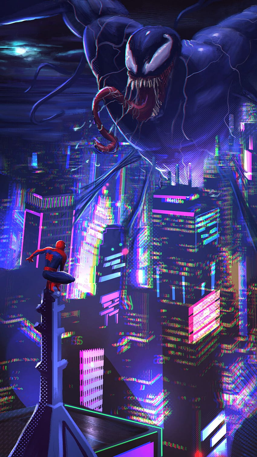 1080x1920 Spiderman kontra Venom w mieście Iphone 7,6s,6 Plus, Pixel xl, jad neon Tapeta na telefon HD