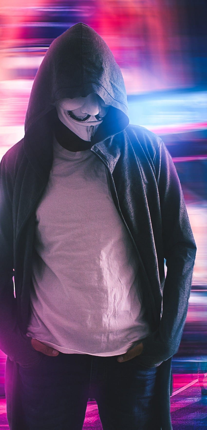1080x2248 Zamaskowany mężczyzna, anonimowy, bluza z kapturem, haker, neonowe miasto dla Xiaomi Mi 8 Pro, neon anonimowy Tapeta na telefon HD