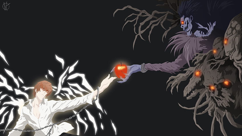 handlock ve ryuk ile kira light yagami with apple in hand death note anime HD duvar kağıdı