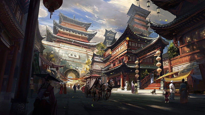 人々, 中国風, ファンタジーアート, アジアの建築物, 町, 中国美術 高画質の壁紙