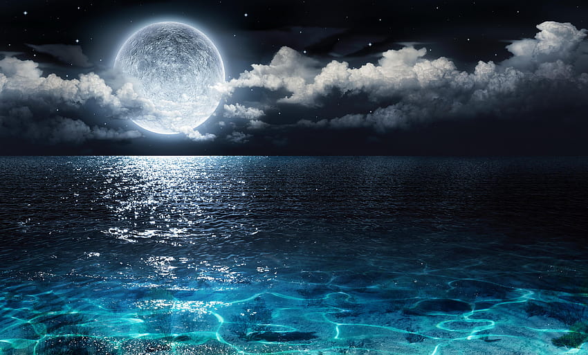 море океан луна вода облаци нощно небе, 4000x2414, нощно небе над океански хоризонт HD тапет