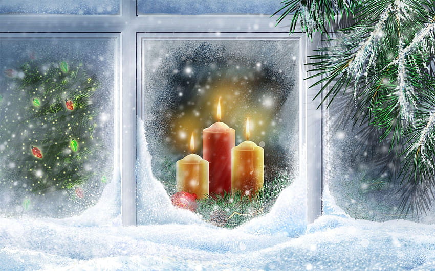 Christmas Lights , glowing christmas candle frosted window HD wallpaper ...