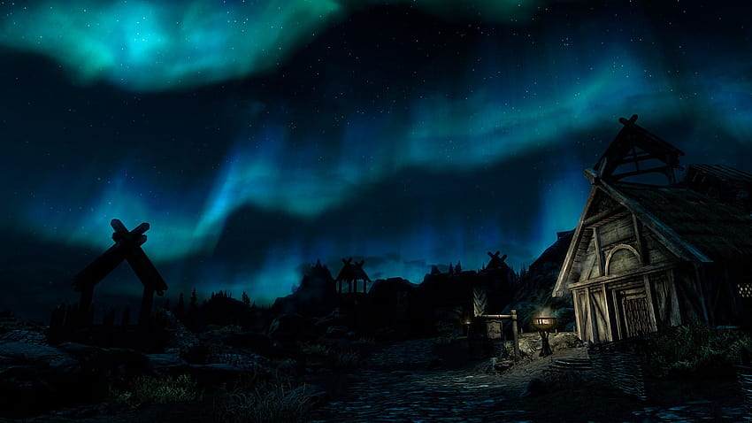 Aurora Borealis Northern Lights Night Skyrim Elder Scrolls Stars, lampu kutub natal Wallpaper HD