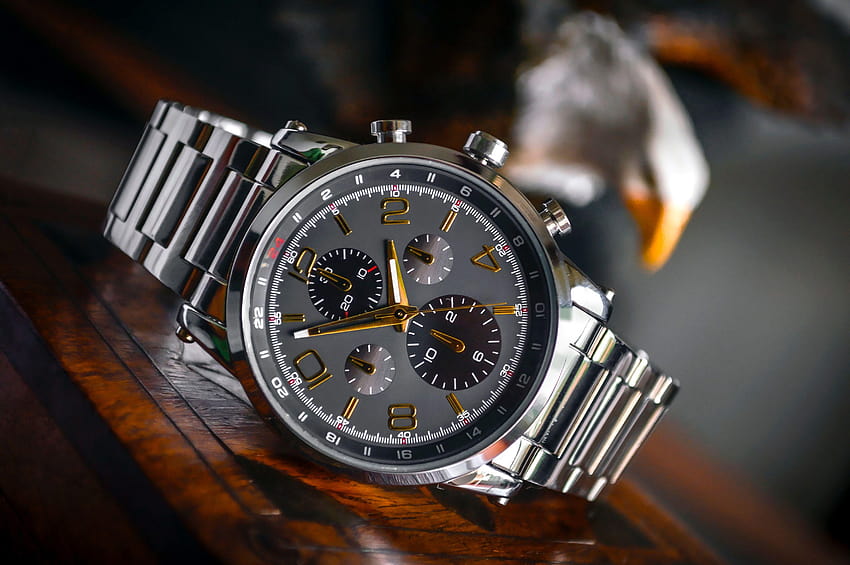Silver Linked Bracelet Silver und Black Round Chronograph Watch, Armbanduhr HD-Hintergrundbild