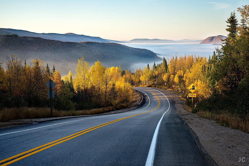 für Herbst, kurvenreiche Straße, Wald, Herbststraßenroutenwald HD-Hintergrundbild