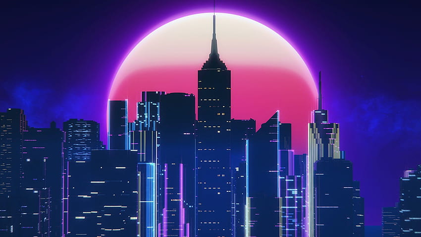 Synthwave By SynthEx Moon Night Skyscrapers Cities 1920x1080, retro wave 1980x1080 HD wallpaper