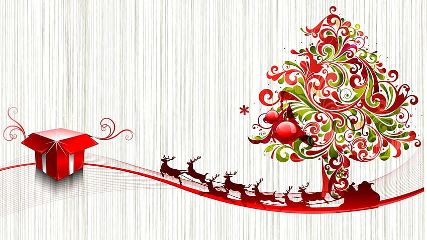 Red and green Christmas tree with deers on a light backgrounds on Christmas 1366x768, red green christmas tree HD wallpaper