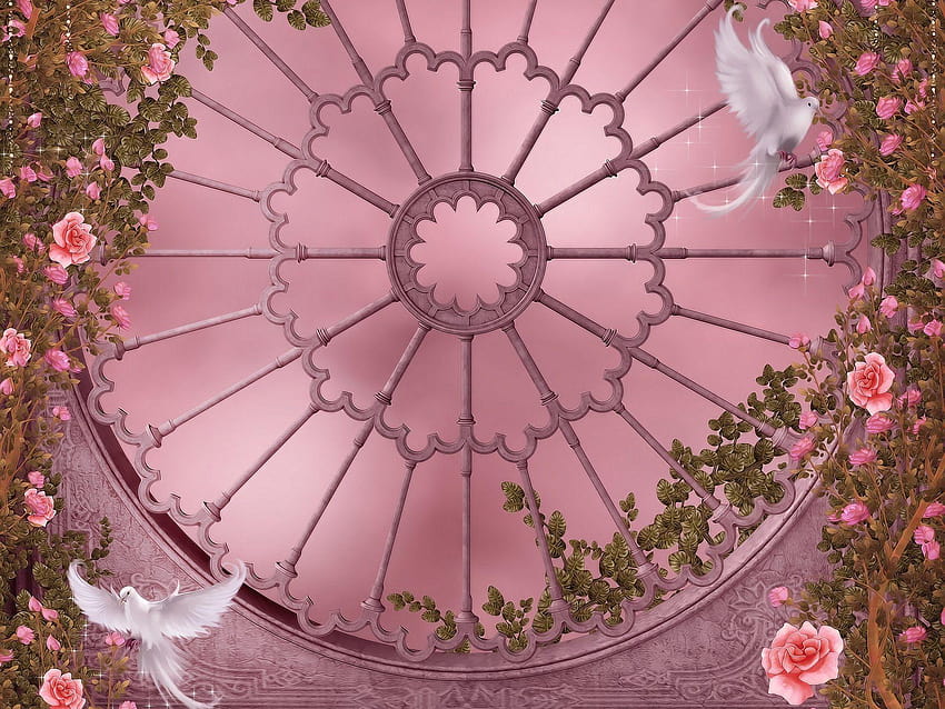 rose garden gothic architecture pigeon dove roses flowers garlands HD wallpaper