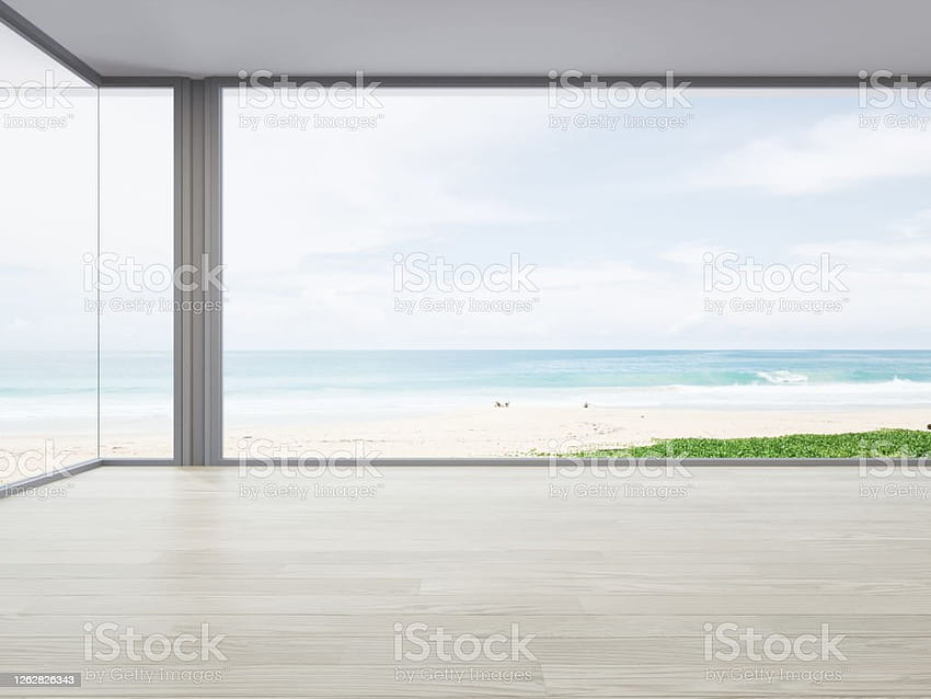Vista Mare Ampio Soggiorno Della Lussuosa Casa Sulla Spiaggia Estiva Con Grande Finestra Di Vetro E Pavimento In Legno, Vista Di Lusso Sfondo HD