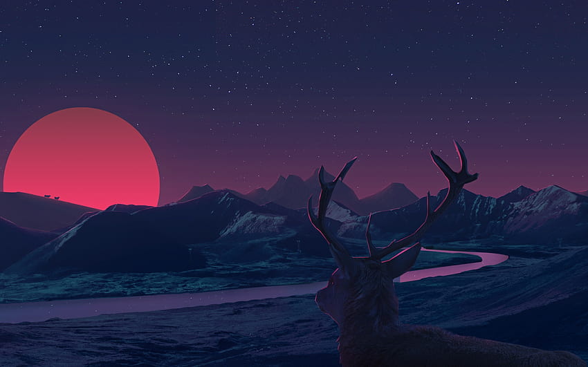 Red Moon, Digital Art, Flat Landscape, Deer, flat art HD wallpaper | Pxfuel