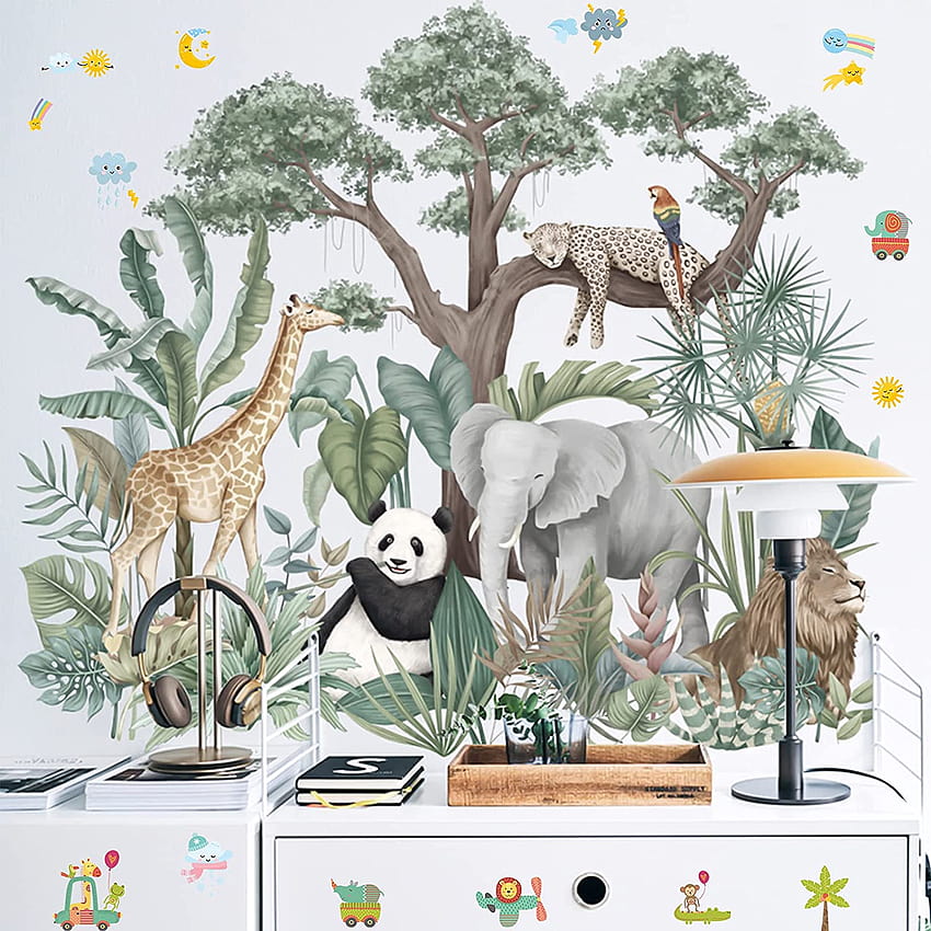 Acheter des autocollants muraux animaux de la jungle de dessin animé, éléphant girafe panda léopard plantes vertes animaux enfants décalcomanies, amovible bricolage zoo art mural pour chambre de bébé chambre d'enfant salon décoration de la maison F en ligne en Indonésie Fond d'écran de téléphone HD
