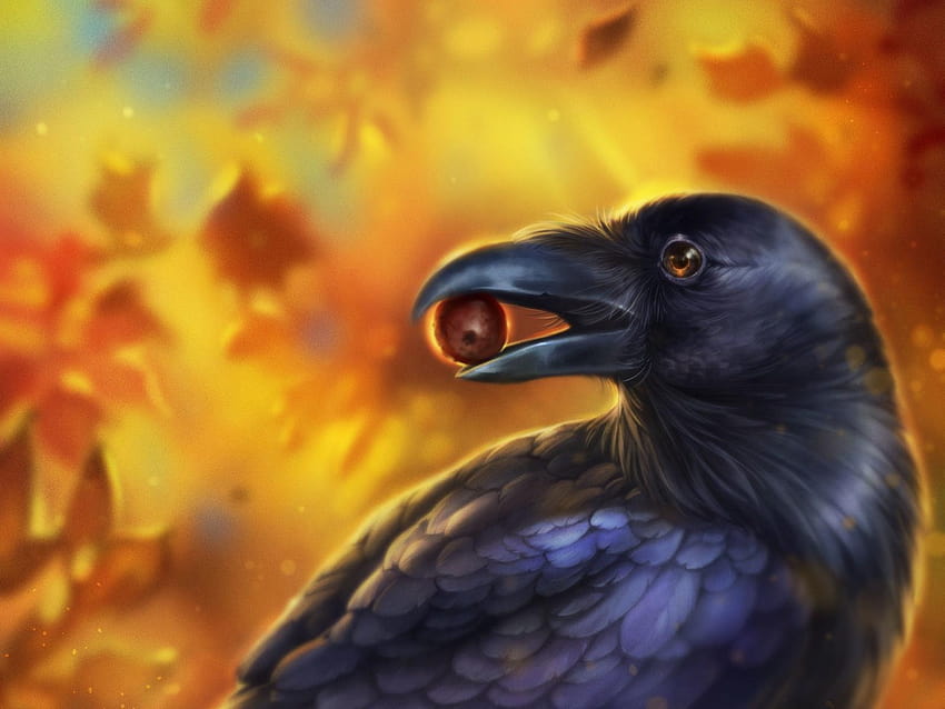 1600x1200 crow, bird, art, beak, acorn, bird art HD wallpaper