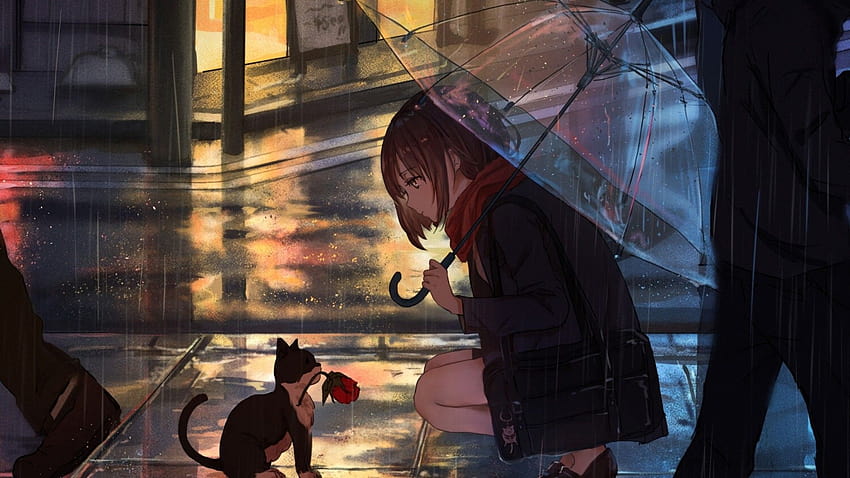 Arte de anime garota triste na chuva para papel de parede