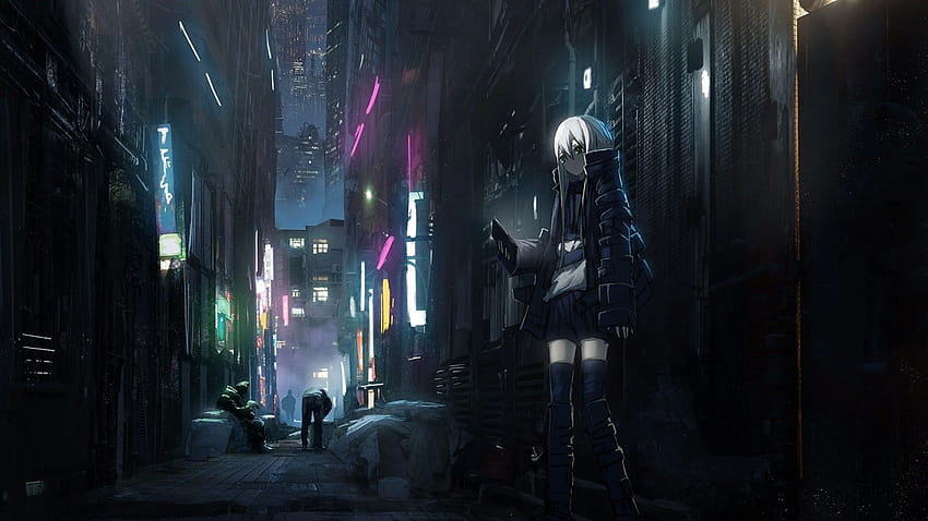 2560x1440 Anime Dark City, Skyscrapers, Back Streets, Girl, People, Neon Lights for iMac 27 inch, anime 2560x1440 HD wallpaper