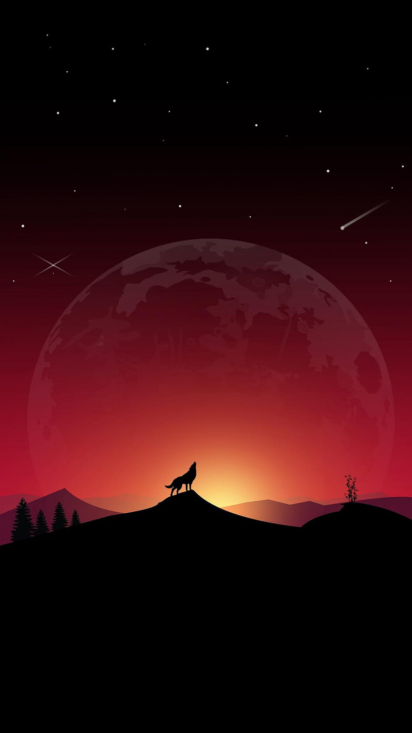 1440x2560 wolf, howl, loneliness, art, full moon, black wolf galaxy HD phone wallpaper