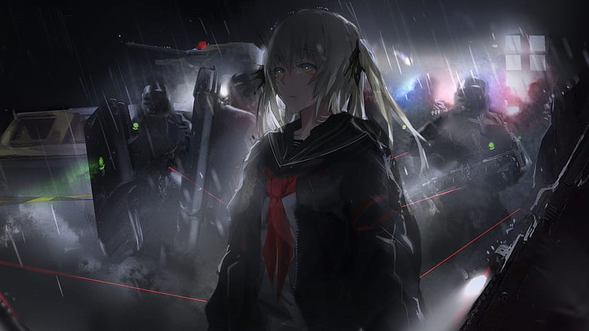 1920x1080 Anime Girl, Soldiers, Raining, Dark Theme, Guns, anime dark 1920x1080 HD wallpaper
