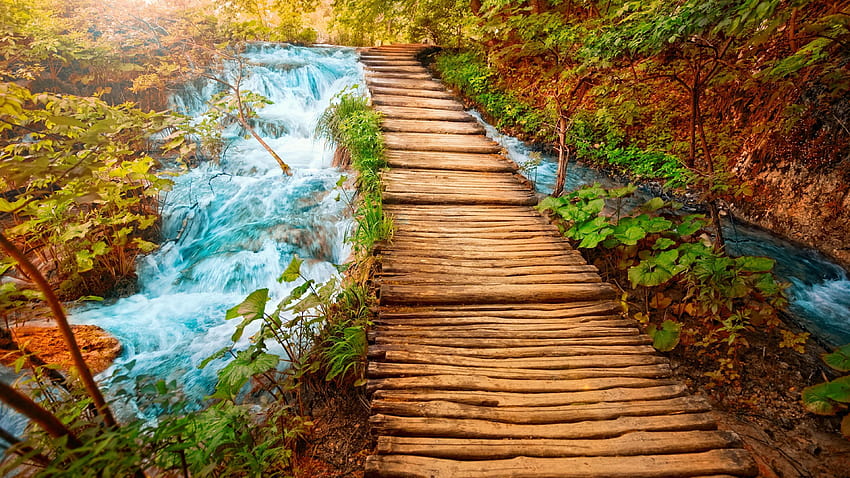 Wooden Path Rocky River With Small Waterfalls Clear Water Red Country Coast Rocks Forest Bushes Trees With Green Leaves Nature 3840x2160 : 13 HD wallpaper