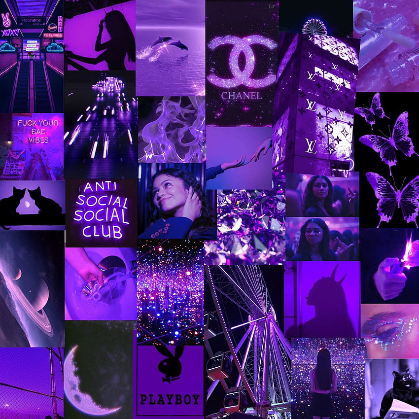 Kit de collage violet imprimé 120 PCS Baddie Euphoria, méchant collage violet esthétique Fond d'écran de téléphone HD