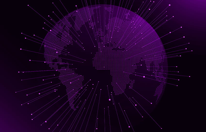 Purple digital globe, Purple digital background, global networks, dots globe silhouette, digital technology, Purple technology backgrounds with resolution 2800x1800. High Quality HD wallpaper