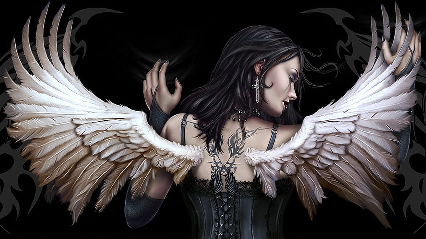 brunettes tattoos angels women wings gloves corset spiral feathers gothic concept art High Quality ,High Definition, concept women HD wallpaper