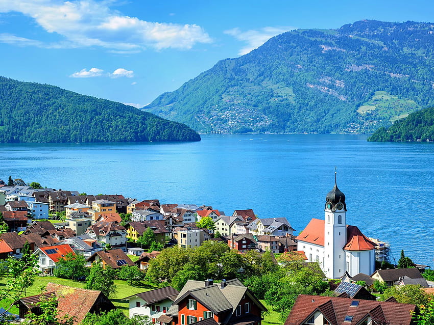 Езерен пейзаж на езерото Люцерн Езерото Герзау в Швейцария U HD тапет